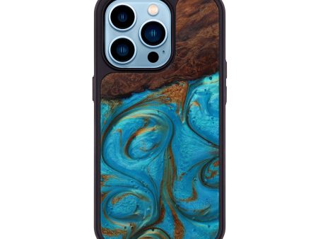 iPhone 14 Pro Wood+Resin Phone Case - Wassim (Teal & Gold, 593868) Fashion