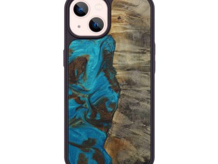 iPhone 14 Wood+Resin Phone Case - Montana (Teal & Gold, 593801) For Sale