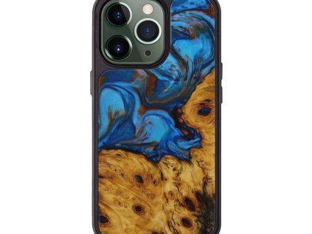 iPhone 13 Pro Wood+Resin Phone Case - Barsha (Teal & Gold, 593807) For Sale