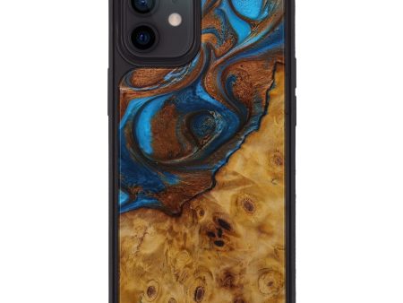 iPhone 12 Wood+Resin Phone Case - Rijos (Teal & Gold, 593795) For Sale