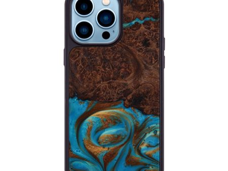 iPhone 14 Pro Max Wood+Resin Phone Case - Pamelia (Teal & Gold, 593888) Cheap