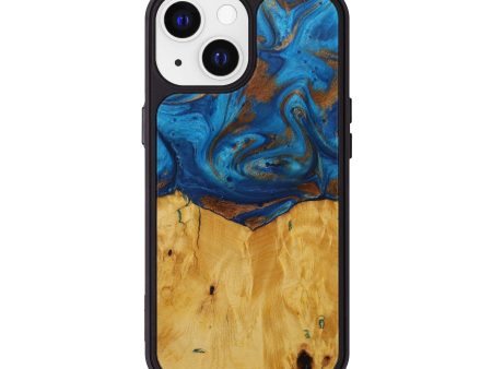 iPhone 13 Wood+Resin Phone Case - Adella (Teal & Gold, 593878) For Sale