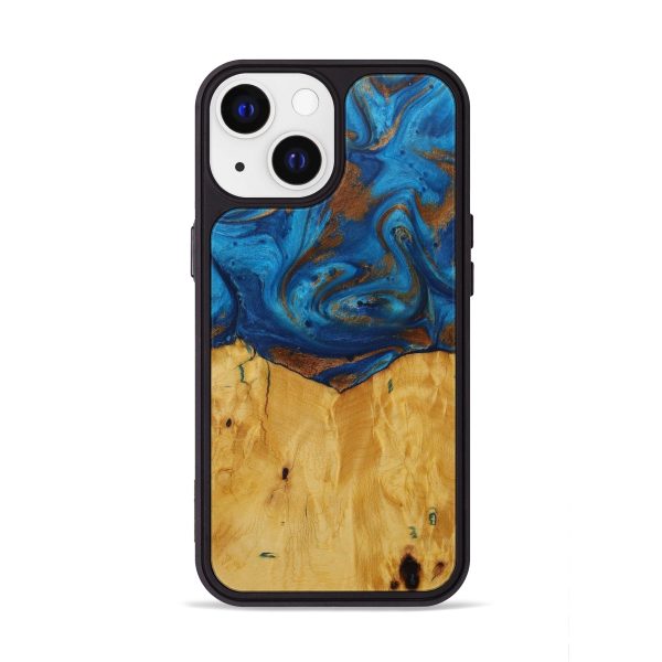 iPhone 13 Wood+Resin Phone Case - Adella (Teal & Gold, 593878) For Sale