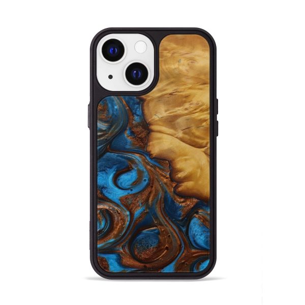 iPhone 13 Wood+Resin Phone Case - Araceli (Teal & Gold, 593797) Sale