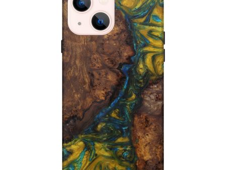 iPhone 14 Plus Wood+Resin Live Edge Phone Case - Asia (Teal & Gold, 594849) Online Sale