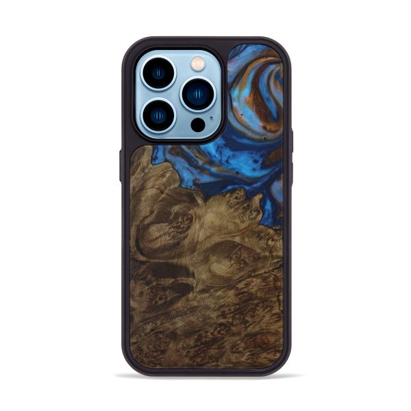 iPhone 14 Pro Wood+Resin Phone Case - Vessie (Teal & Gold, 587492) Online now