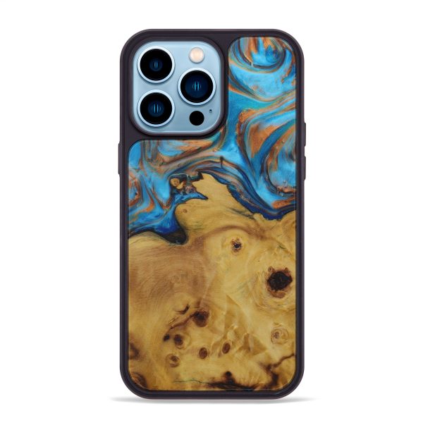 iPhone 14 Pro Max Wood+Resin Phone Case - Win (Teal & Gold, 587463) Discount