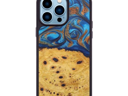 iPhone 14 Pro Max Wood+Resin Phone Case - Norita (Teal & Gold, 588484) Fashion