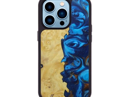 iPhone 14 Pro Wood+Resin Phone Case - Stephie (Teal & Gold, 590508) For Sale