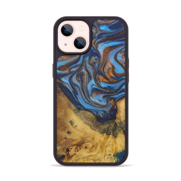 iPhone 14 Wood+Resin Phone Case - Becki (Teal & Gold, 588420) Hot on Sale