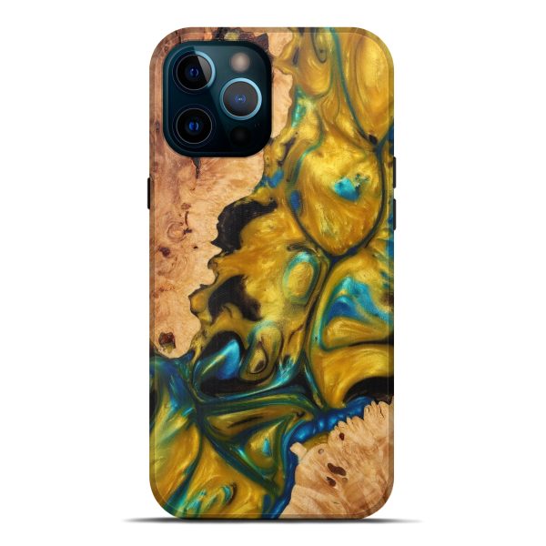 iPhone 12 Pro Max Wood+Resin Live Edge Phone Case - Motaz (Teal & Gold, 589809) on Sale