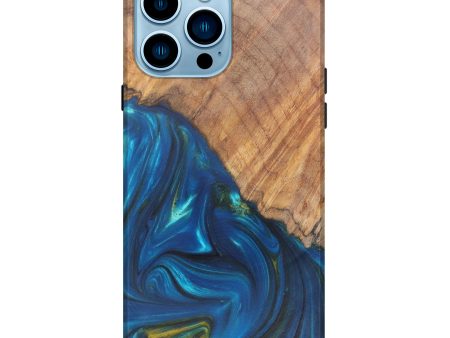 iPhone 14 Pro Max Wood+Resin Live Edge Phone Case - Athar (Teal & Gold, 590631) Online Sale