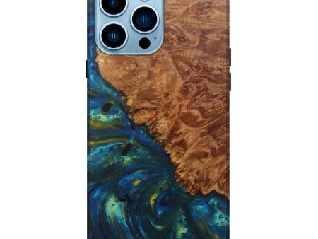 iPhone 14 Pro Max Wood+Resin Live Edge Phone Case - Ashraf (Teal & Gold, 590663) For Cheap