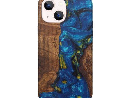 iPhone 14 Wood+Resin Live Edge Phone Case - Jud (Teal & Gold, 592325) Cheap