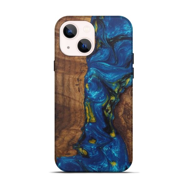 iPhone 14 Wood+Resin Live Edge Phone Case - Jud (Teal & Gold, 592325) Cheap