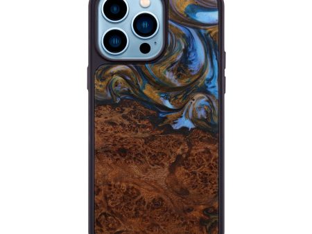 iPhone 14 Pro Max Wood+Resin Phone Case - Warner (Teal & Gold, 594970) For Sale