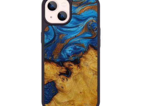 iPhone 14 Wood+Resin Phone Case - Xenia (Teal & Gold, 594976) on Sale