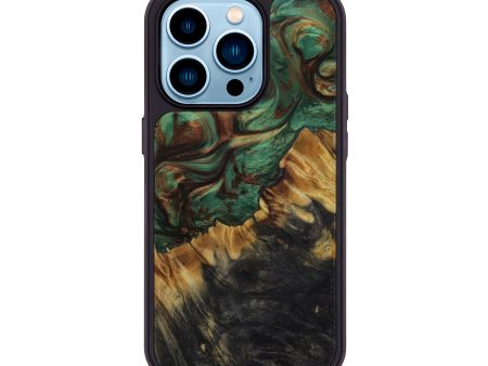 iPhone 14 Pro Wood+Resin Phone Case - Viola (Dark Green, 590964) For Sale