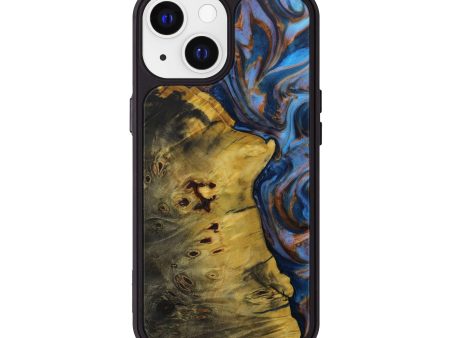 iPhone 13 Wood+Resin Phone Case - Cookie (Teal & Gold, 590739) For Sale