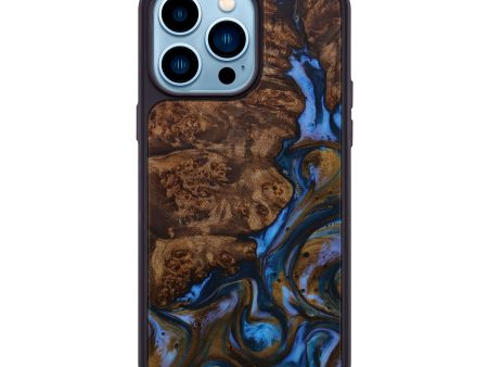 iPhone 14 Pro Max Wood+Resin Phone Case - Ozie (Teal & Gold, 594960) For Cheap