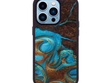 iPhone 14 Pro Wood+Resin Phone Case - Sinda (Teal & Gold, 593889) Supply