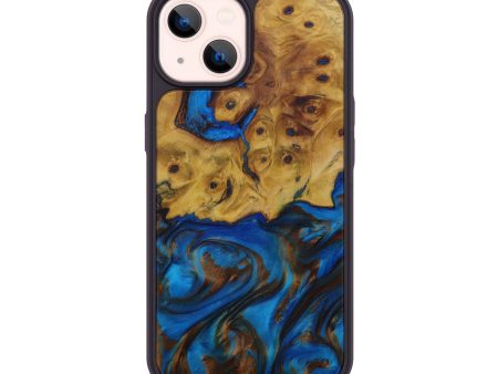 iPhone 14 Wood+Resin Phone Case - Rowland (Teal & Gold, 590725) For Cheap