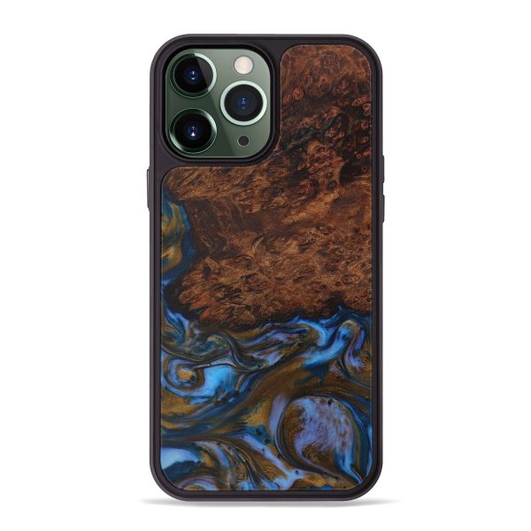 iPhone 13 Pro Max Wood+Resin Phone Case - Celestine (Teal & Gold, 594953) For Sale