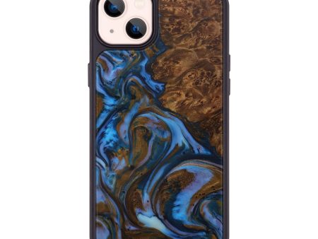 iPhone 14 Plus Wood+Resin Phone Case - Windowing (Teal & Gold, 594950) For Cheap