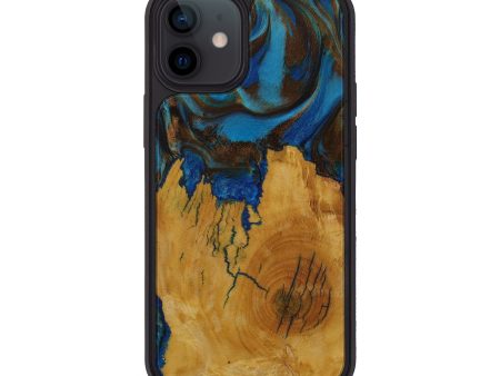 iPhone 12 mini Wood+Resin Phone Case - Chery (Teal & Gold, 587458) Fashion