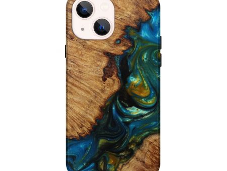 iPhone 13 Wood+Resin Live Edge Phone Case - Beana (Teal & Gold, 588726) For Cheap