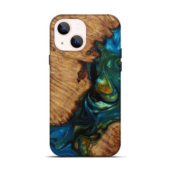 iPhone 13 Wood+Resin Live Edge Phone Case - Beana (Teal & Gold, 588726) For Cheap