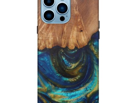 iPhone 14 Pro Max Wood+Resin Live Edge Phone Case - Aybars (Teal & Gold, 590682) Sale