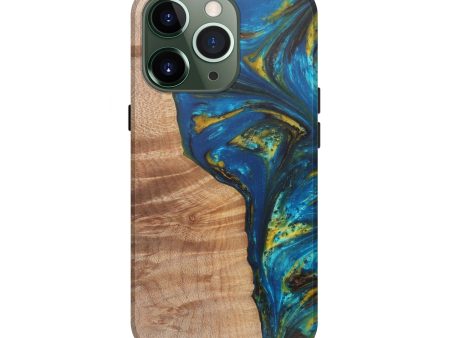 iPhone 13 Pro Wood+Resin Live Edge Phone Case - Mervin (Teal & Gold, 590635) Online now