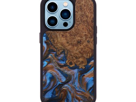 iPhone 14 Pro Wood+Resin Phone Case - Beryle (Teal & Gold, 588456) on Sale