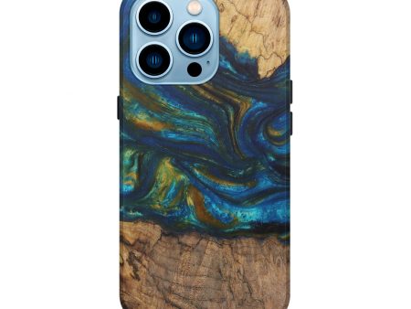 iPhone 14 Pro Wood+Resin Live Edge Phone Case - Bendite (Teal & Gold, 592350) Hot on Sale